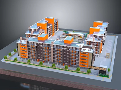 Multi Story Residential Building Model With Orange Gray Exterior Multiple Blocks And Green Belt 3d model