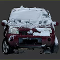Red SUV Car Exterior Covered With Snow On Roof And Body