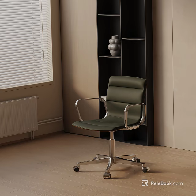 Dark Green Leather Office Chair With Metal Armrests And Wheeled Base In Modern Room 3d model 