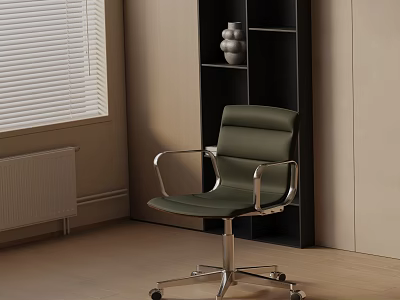 Dark Green Leather Office Chair With Metal Armrests And Wheeled Base In Modern Room 3d model