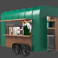 Green Mobile Food Truck With Transparent Sides And Wooden Counter Inside