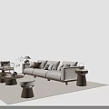 Modern Beige Sofa And Wooden Coffee Table Set With Round Stool Green Plant And Soft Rug