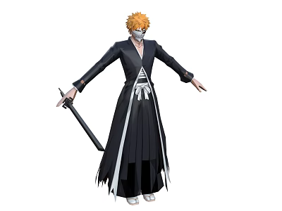 Orange Haired Game Movie Character Wearing Mask Black Robe White Sash And Sword 3d model