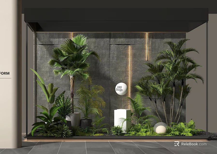 Lush Indoor Landscape Design With Green Plants Palm Trees And Modern Gray Wall Lighting 3d model 