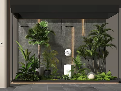 Lush Indoor Landscape Design With Green Plants Palm Trees And Modern Gray Wall Lighting 3d model