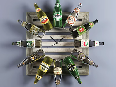 Decorative Vintage Clock With Various Beer Bottles Arranged Around Wooden Frame 3d model