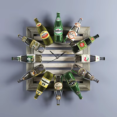 Decorative Vintage Clock With Various Beer Bottles Arranged Around Wooden Frame 3d model