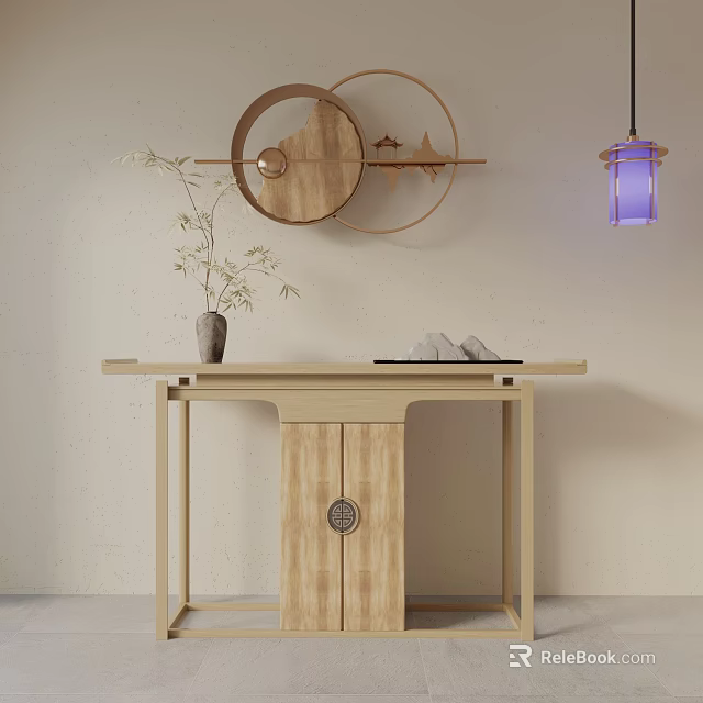 Chinese Style Wooden Entryway Console Table Cabinet With Decorative Vase And Wall Art 3d model 