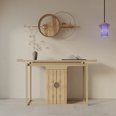 Chinese Style Wooden Entryway Console Table Cabinet With Decorative Vase And Wall Art 3d model