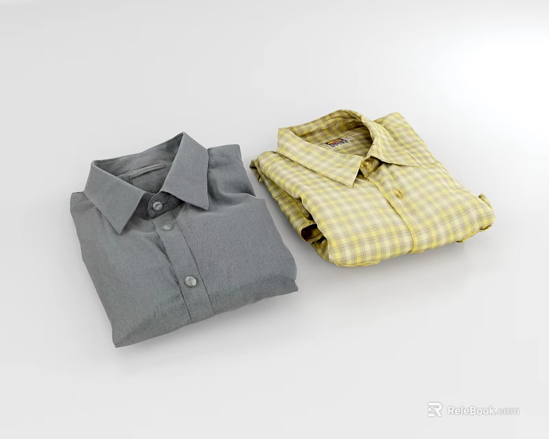 Gray Solid And Yellow Plaid Folded Casual Shirts For Daily Outfit 3d model