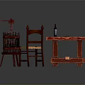 Rustic Red Wooden Table With Chair And Barrel Furniture Plus Wine Bottle