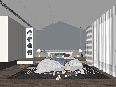 Cozy Kids Room Interior With Bed Toys Curtains Decorative Cabinet And Rug 3d model