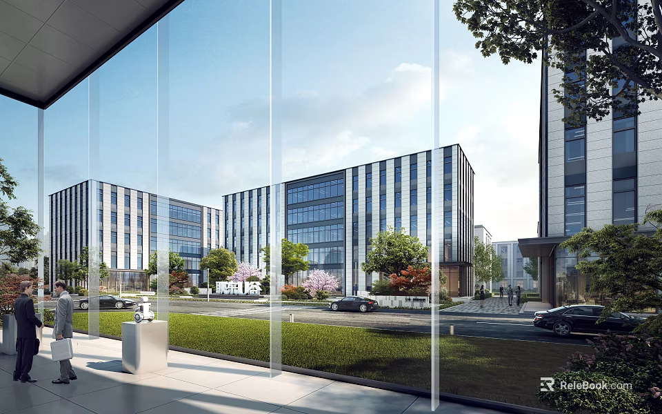 Modern Office Buildings Exterior With Glass Facades And Landscaped Area 3d model 