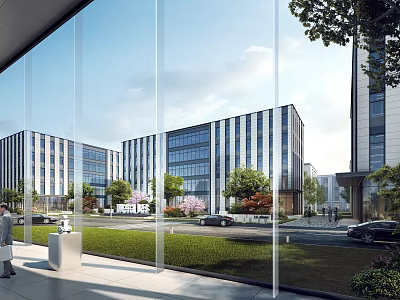 Modern Office Buildings Exterior With Glass Facades And Landscaped Area 3d model