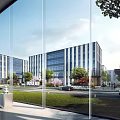Modern Office Buildings Exterior With Glass Facades And Landscaped Area