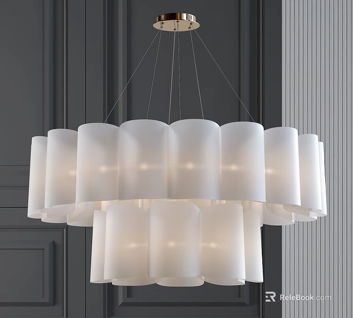 Modern Multi tiered White Pendant Chandelier with Cylindrical Shades in Dark Wall Interior 3d model 