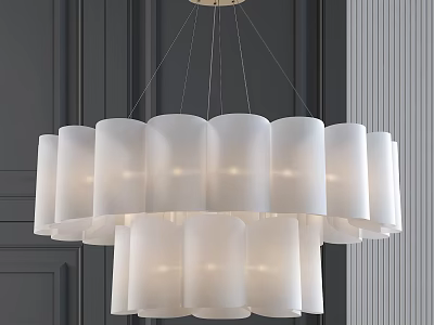 Modern Multi tiered White Pendant Chandelier with Cylindrical Shades in Dark Wall Interior 3d model