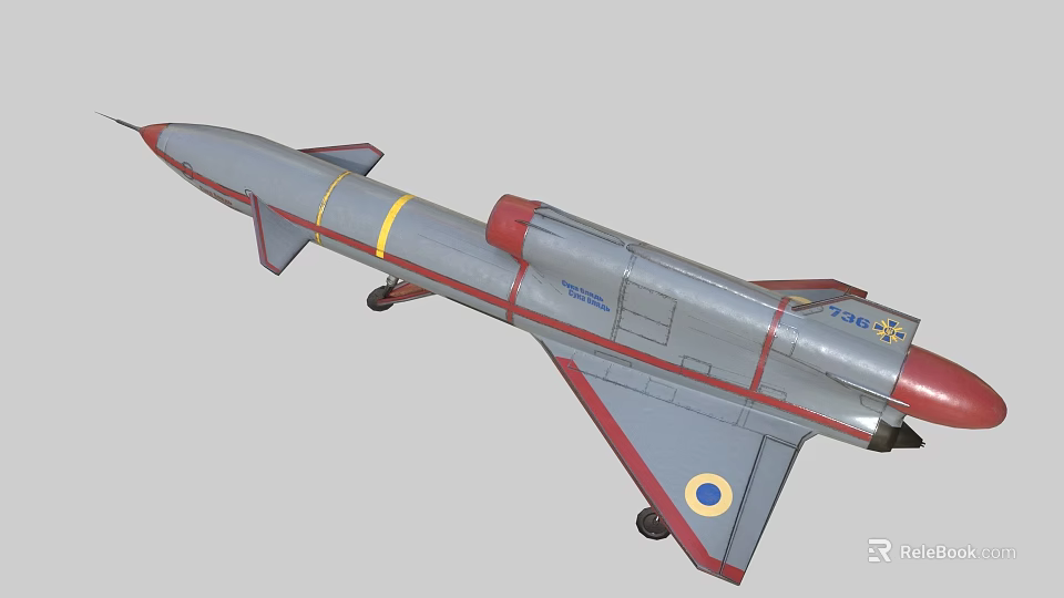 Gray Fighter Jet Model With Red Yellow Stripes Landing Gear And Emblem 3d model 
