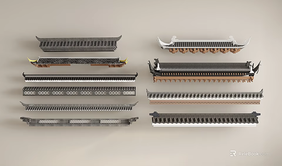 Various Styles Of Traditional Chinese Roof Components With Gray Black Brown Materials And Carved Designs 3d model 