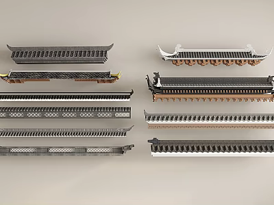 Various Styles Of Traditional Chinese Roof Components With Gray Black Brown Materials And Carved Designs 3d model