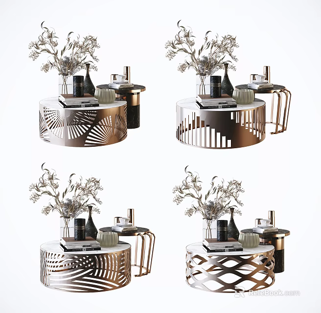 Stylish Modern Coffee Table With Laser Cut Pattern And Decorative Flower Vase 3d model