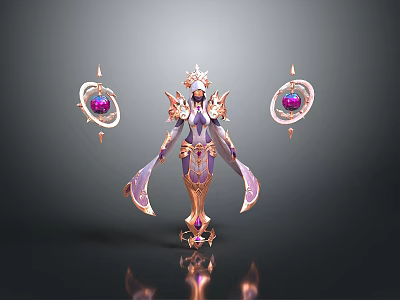 Gorgeous Female Character In Purple Gold Outfit With Flowing Robe And Gemstone Ornaments 3d model