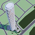 Tall Modern Office Building With Unique Lattice Structure Over Waterfront And City Skyline