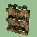 Three Tier Wooden Rack With Neatly Arranged Decorative Bonsai Potted Plants