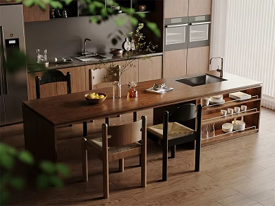 Modern Open Kitchen Interior With Wooden Island Fruit Bowl Vase And Chairs 3d model