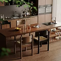 Modern Open Kitchen Interior With Wooden Island Fruit Bowl Vase And Chairs