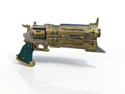 Vintage Mechanical Handgun With Brass Metallic Body And Green Decorative Grip 3d model