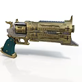 Vintage Mechanical Handgun With Brass Metallic Body And Green Decorative Grip