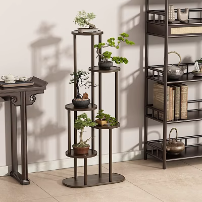 Chinese Style Multi Tiered Wooden Flower Stand With Potted Plants And Decorative Elements 3d model