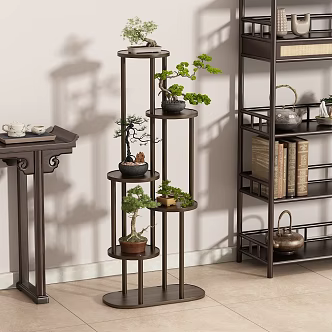 Chinese-style flower stand bonsai teapot ornaments tea set book ground wire 3d model