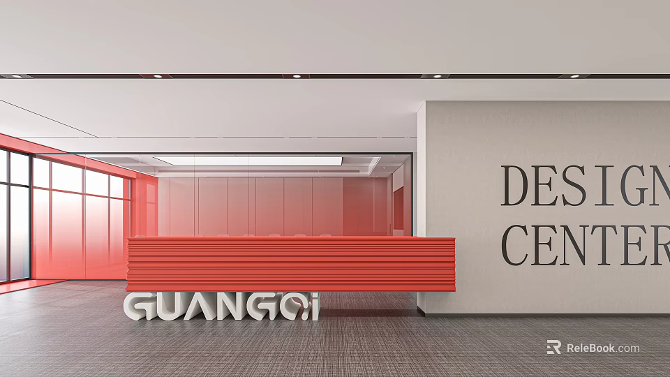 Elevator Corridor Featuring Red Reception Desk Red Walls Gray Carpet Recessed Lights And GUANGQI Sign 3d model 
