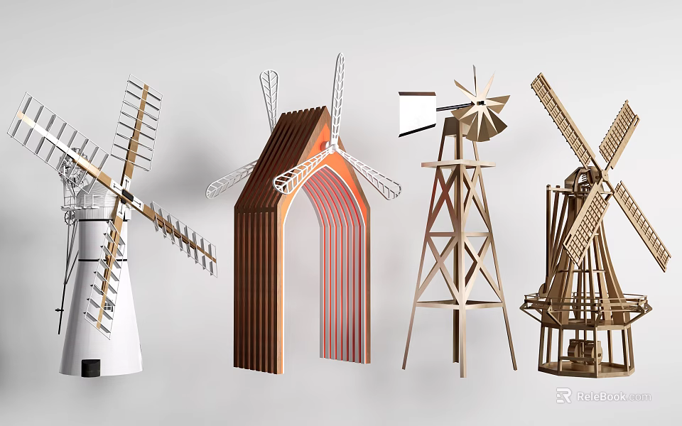 Various Windmill Models Showcasing Different Designs And Wooden Metal Structures 3d model 