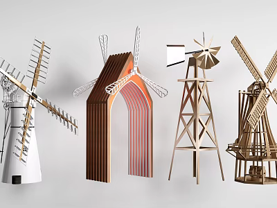 Various Windmill Models Showcasing Different Designs And Wooden Metal Structures 3d model