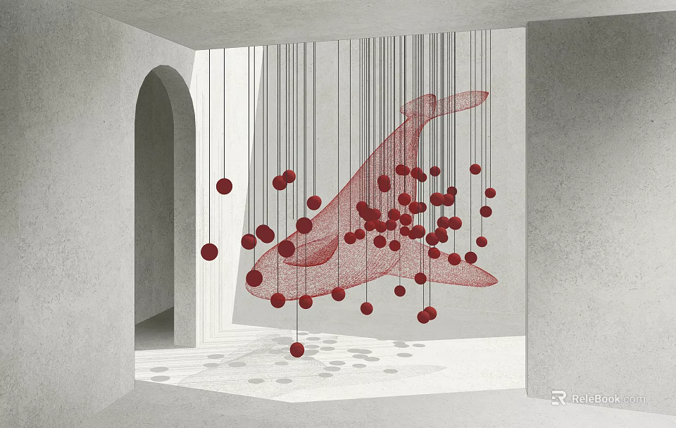 Red Whale Shaped Art Installation Hanging With Lines And Red Spheres In Gray Arch Space 3d model 