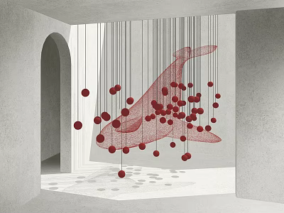 Red Whale Shaped Art Installation Hanging With Lines And Red Spheres In Gray Arch Space 3d model