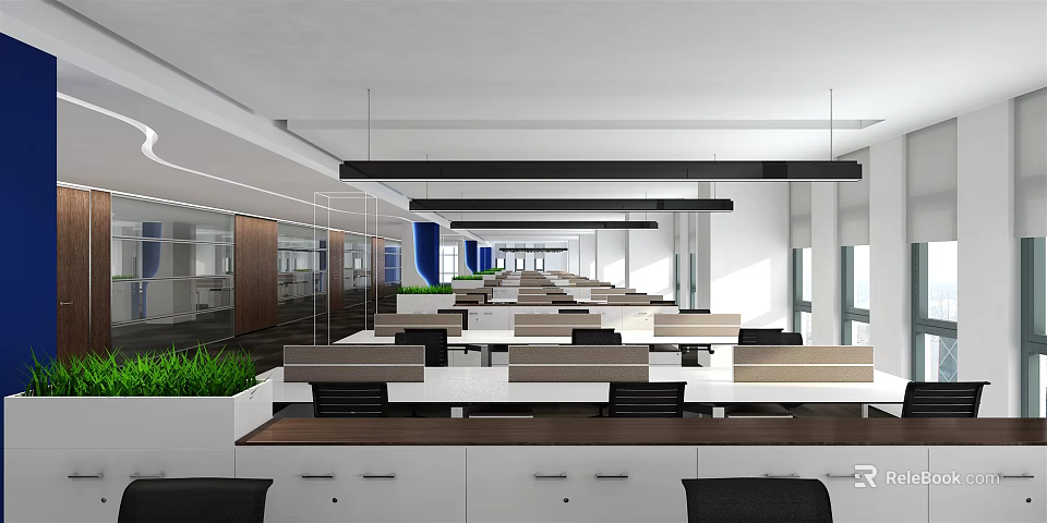 Modern Public Office Space Interior With Open Workstations Bright Lighting And Green Plants 3d model 