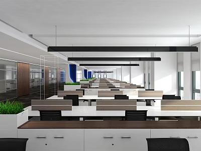 Modern Public Office Space Interior With Open Workstations Bright Lighting And Green Plants 3d model