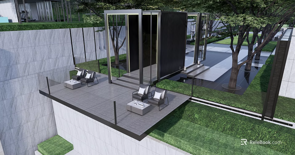 Modern Pergola Design on Terrace With Lounge Chairs Green Lawn and Trees 3d model 