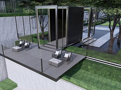 Modern Pergola Design on Terrace With Lounge Chairs Green Lawn and Trees 3d model