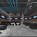 Modern Tech Inspired Bar Interior With Illuminated Steps And Dark Perforated Walls 3d model