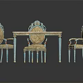 Elegant Dining Table Set With Marble Tabletop Blue Legs And Decorative Upholstered Chairs