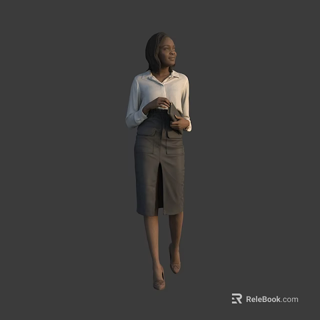Stylish Woman Walking in White Shirt and Gray Skirt Holding Handbag 3d model 