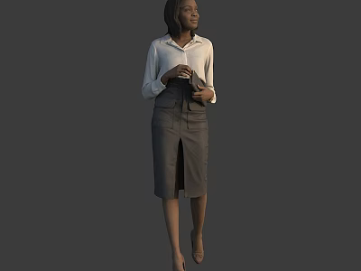 Stylish Woman Walking in White Shirt and Gray Skirt Holding Handbag 3d model
