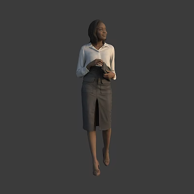 Stylish Woman Walking in White Shirt and Gray Skirt Holding Handbag 3d model