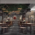 Traditional Chinese Restaurant With Wooden Tables Stools Hanging Green Plants Lanterns And Fu Decoration