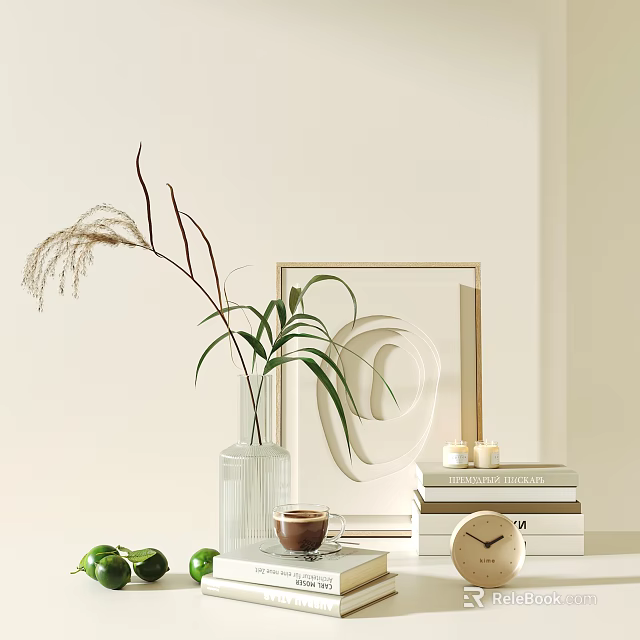 Minimalist Decorative Ornament Set With Glass Vase Green Plant Frame Books And Clock 3d model 